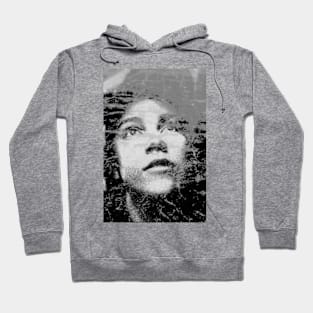 Beautiful girl, looking up. Grayscale, some noise. Weird and beautiful. Hoodie